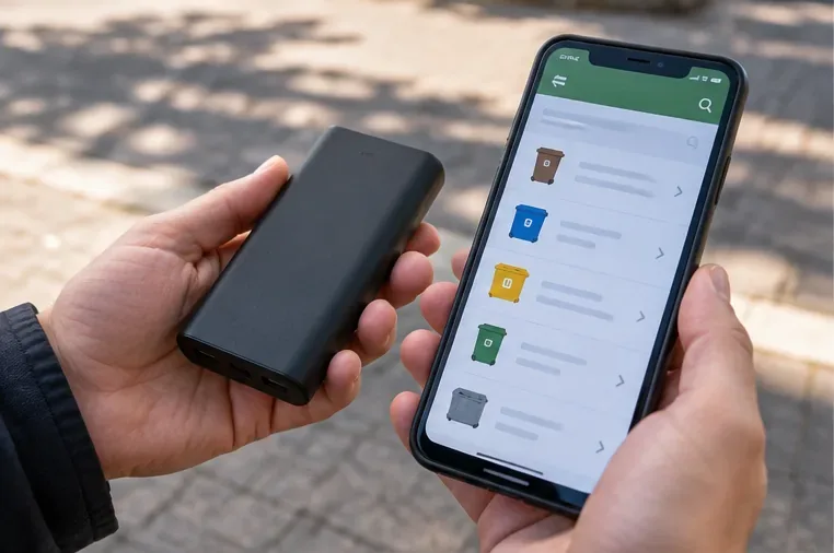 Persona con una power bank in mano che consulta sul telefono un’app di raccolta differenziata