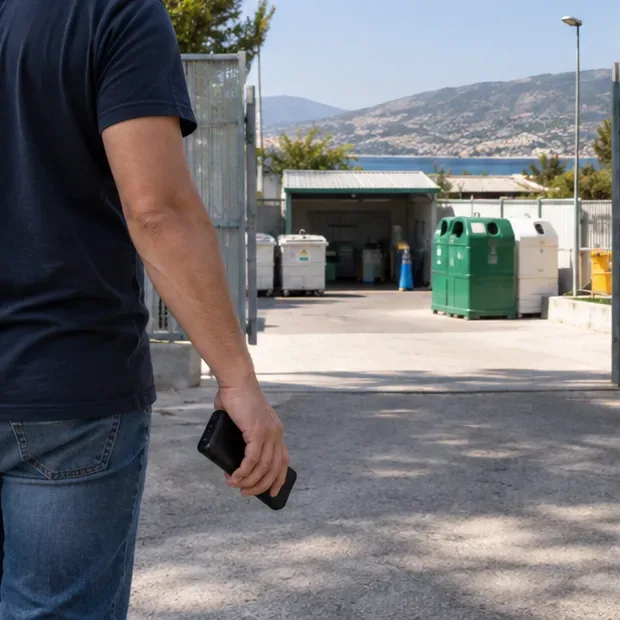 Una persona con una power bank in mano si avvicina all'ingresso di un centro di raccolta con contenitori per materiali riciclabili