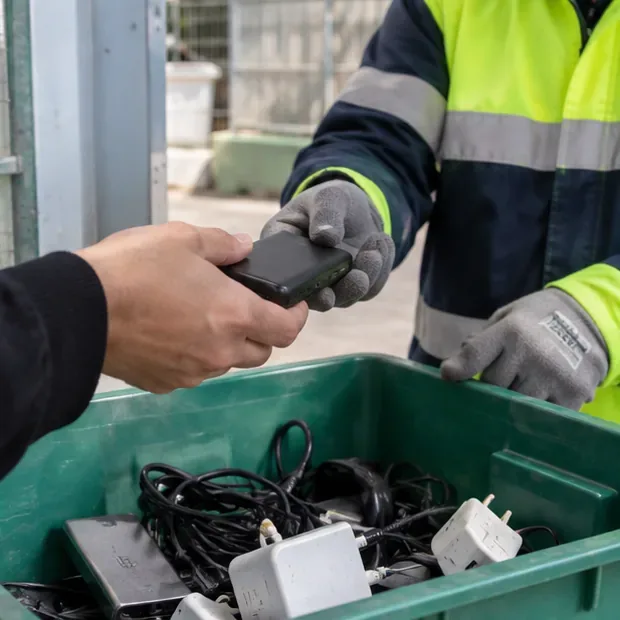 Un addetto con guanti riceve una power bank da un cittadino accanto a un contenitore con piccoli rifiuti elettronici e cavi