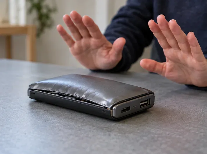Una power bank visibilmente gonfia su un piano mentre una persona tiene le mani lontane dal dispositivo