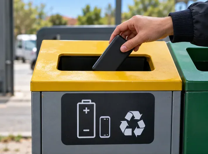 Una power bank viene inserita in un contenitore dedicato alla raccolta di batterie e piccoli dispositivi