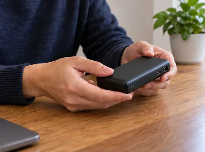 Una persona controlla una power bank integra su un tavolo prima di portarla alla raccolta dedicata