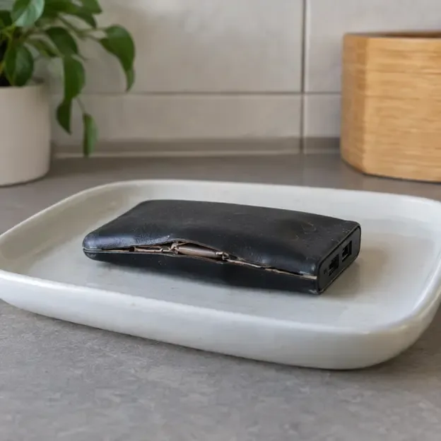 Power bank visibilmente gonfia e deformata appoggiata da sola su un vassoio ceramico, senza persone che la toccano