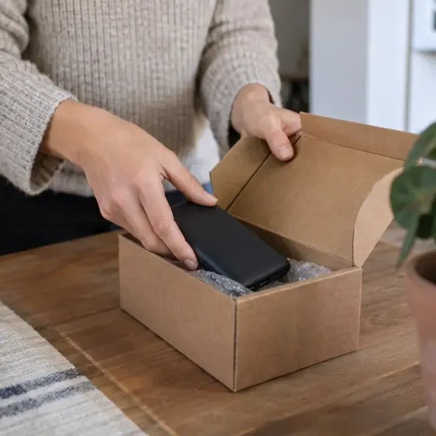 Persona che inserisce una power bank integra in una piccola scatola di cartone separata da altri oggetti per prepararla al trasporto