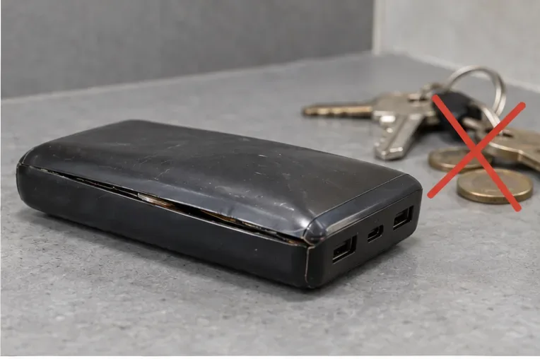 Power bank gonfia appoggiata su una superficie non combustibile e separata da chiavi e monete