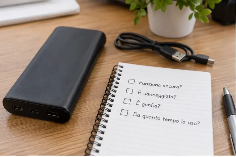 Power bank integra su un tavolo accanto a un cavo e a una lista di controllo sullo stato del dispositivo
