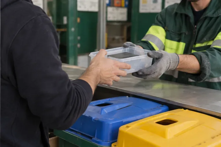 Consegna di una power bank in un contenitore separato a un operatore di un centro di raccolta