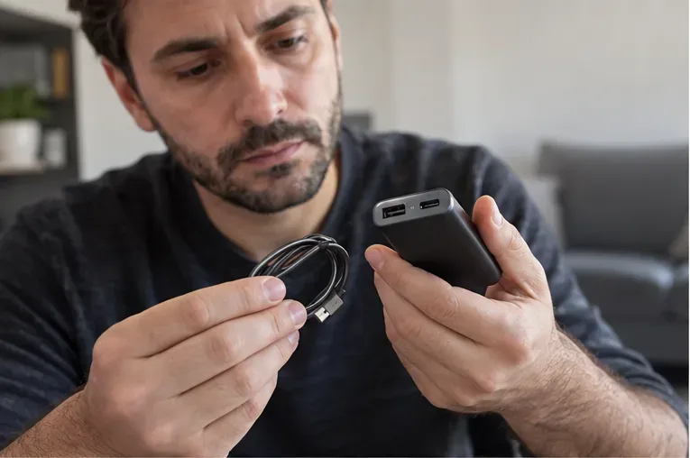 Una persona controlla una power bank integra e il cavo di ricarica