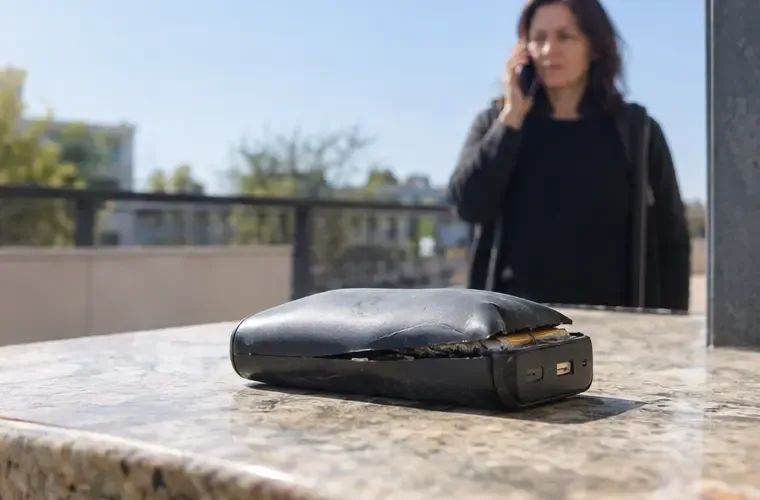 Una power bank molto gonfia e danneggiata è isolata su una superficie non infiammabile mentre una persona chiama per chiedere assistenza