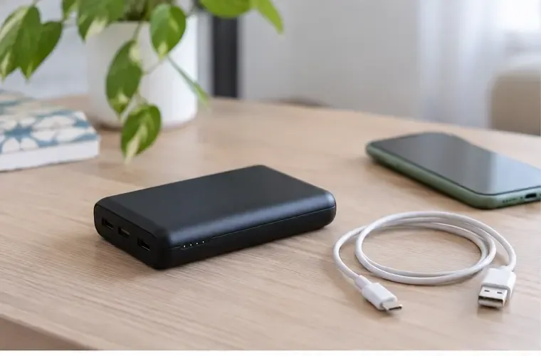 Una power bank nera integra appoggiata su un tavolo accanto a un cavo USB e a uno smartphone