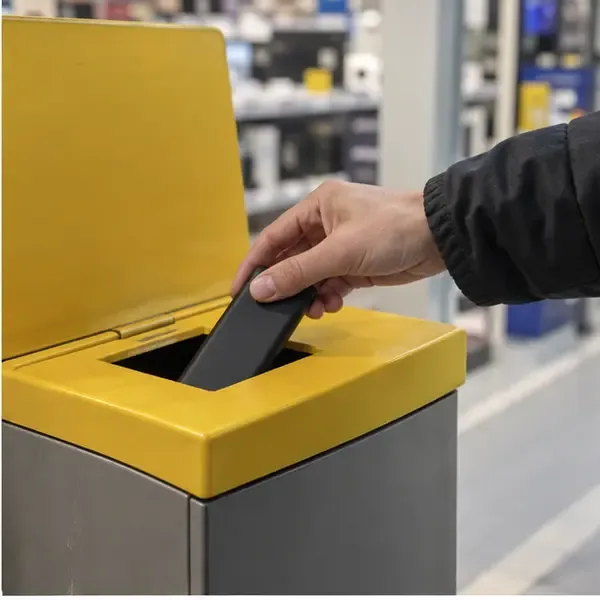 Mano che inserisce una power bank integra in un contenitore dedicato alla raccolta delle batterie dentro un negozio di elettronica