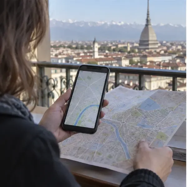 Persona che consulta una mappa sullo smartphone accanto a una cartina di Torino per trovare un punto di raccolta