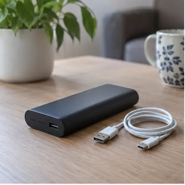 Power bank nera integra e scollegata appoggiata su un tavolo accanto a un cavo USB