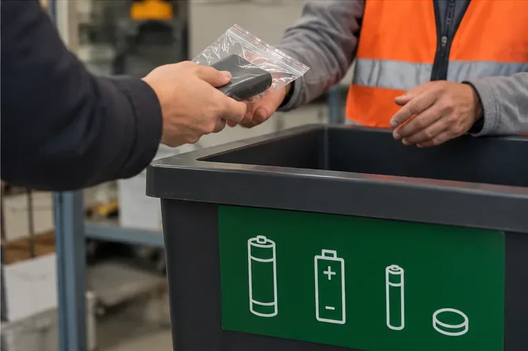 Una persona consegna una power bank protetta a un addetto di un punto di raccolta batterie