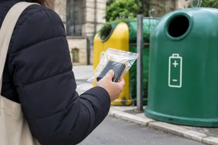 Una persona porta una power bank protetta verso un contenitore dedicato alle batterie