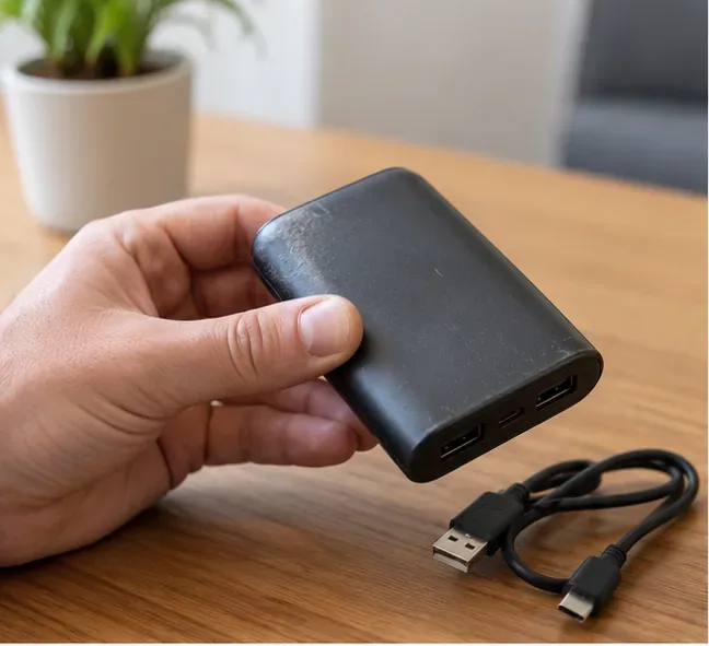 Una mano tiene una power bank nera vicino al cavo USB su un tavolo di legno.