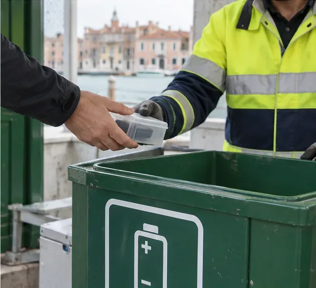 Un addetto con giacca ad alta visibilità riceve una power bank vicino a un contenitore verde con simbolo di batteria.
