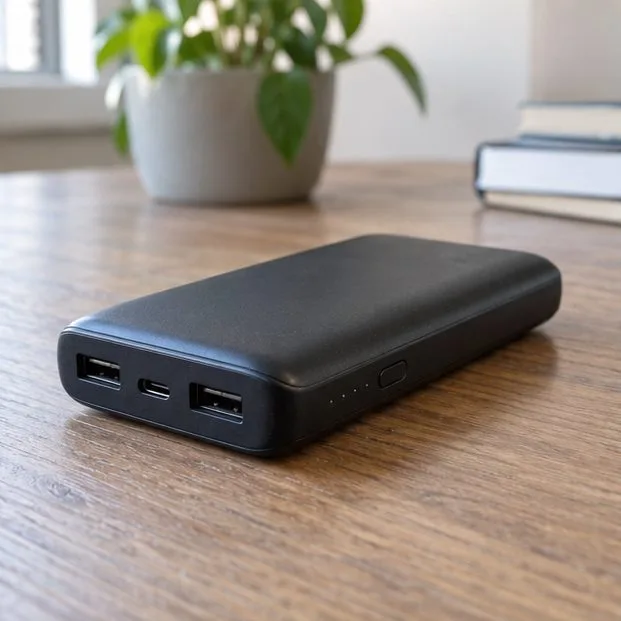 Una power bank nera integra appoggiata su un tavolo di legno, con le porte USB visibili.