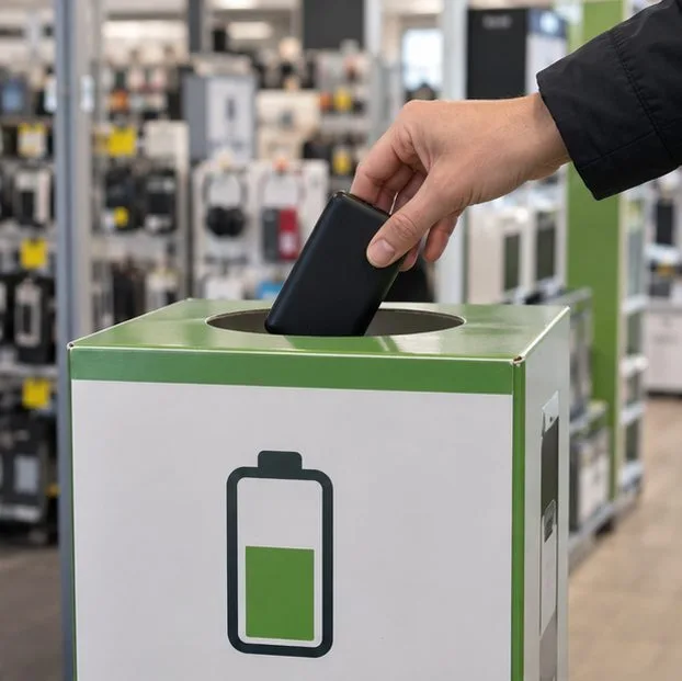 Una mano deposita una power bank in un contenitore per la raccolta delle batterie in un negozio.