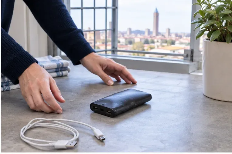 Una power bank gonfia su un piano non combustibile con il cavo di ricarica tenuto separato