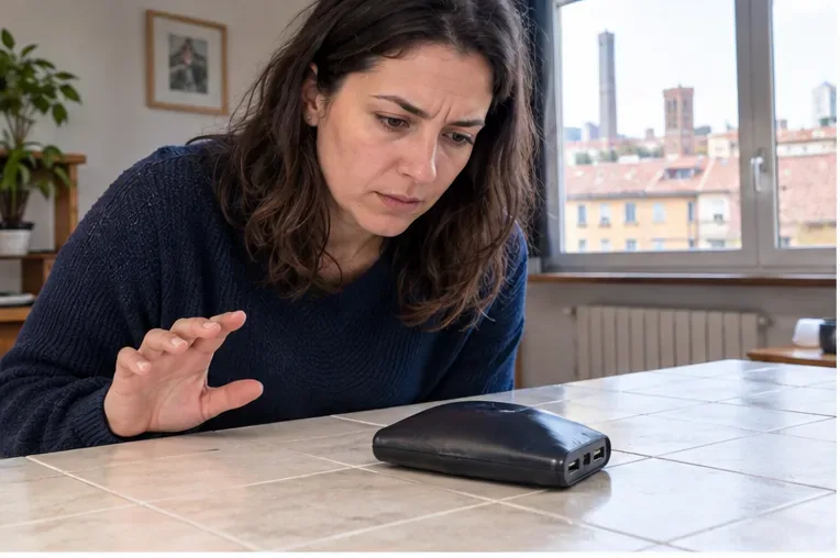 Una donna osserva con cautela una power bank visibilmente gonfia appoggiata su un piano rigido