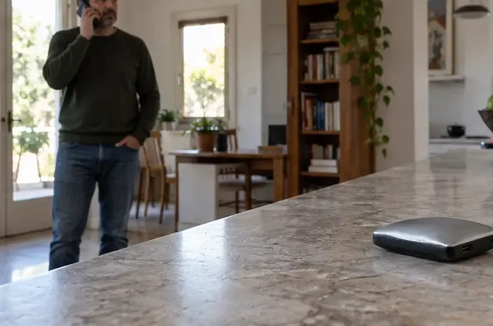Un residente telefona mentre una power bank gonfia resta ferma su un piano e non viene toccata