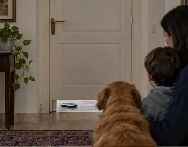 Una famiglia e un cane restano dietro una porta chiusa mentre una power bank rimane isolata in un’altra stanza