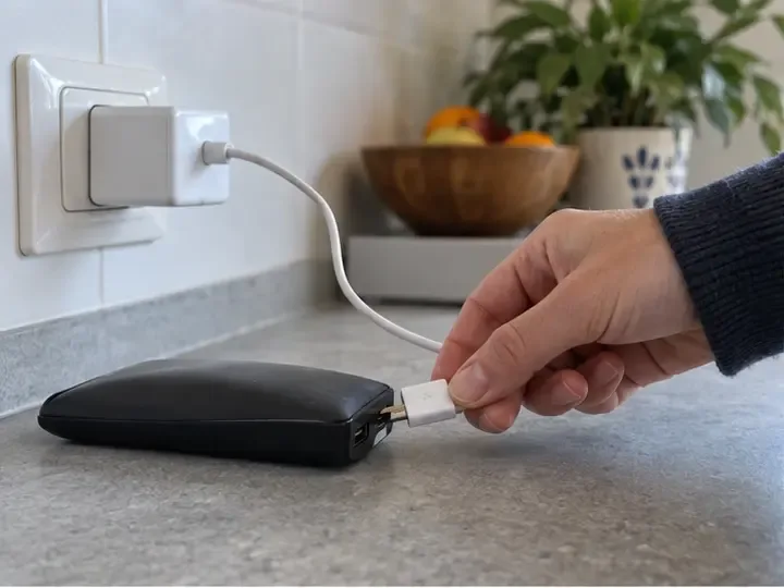 Una mano scollega il cavo da una power bank gonfia appoggiata su un piano, senza comprimere l’involucro