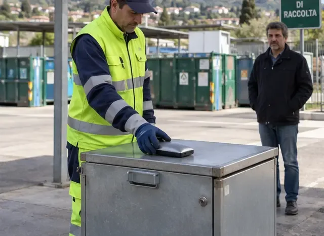 Un operatore in guanti gestisce una power bank presso un centro di raccolta usando un contenitore metallico chiuso
