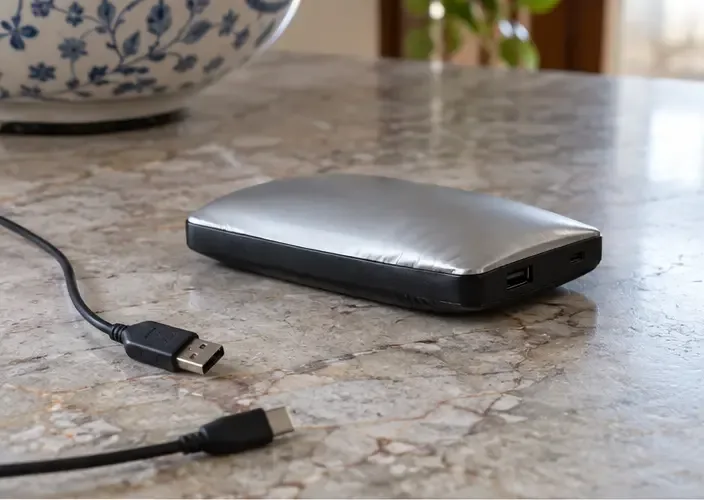Una power bank molto gonfia appoggiata su un piano di pietra con il cavo scollegato e lontano