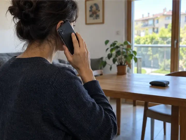 Una power bank gonfia resta su un tavolo mentre una persona telefona al servizio rifiuti da una certa distanza