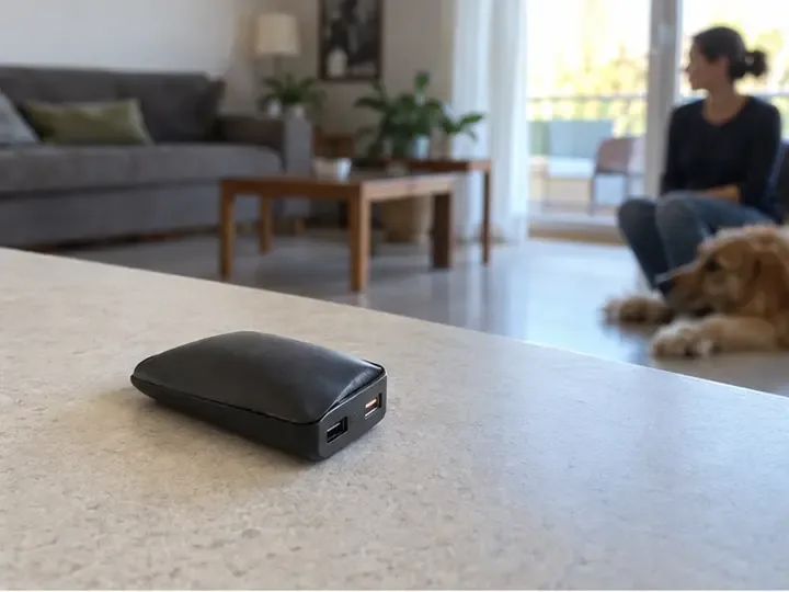 Una power bank gonfia resta ferma su un piano mentre una persona scollega il cavo senza avvicinarsi