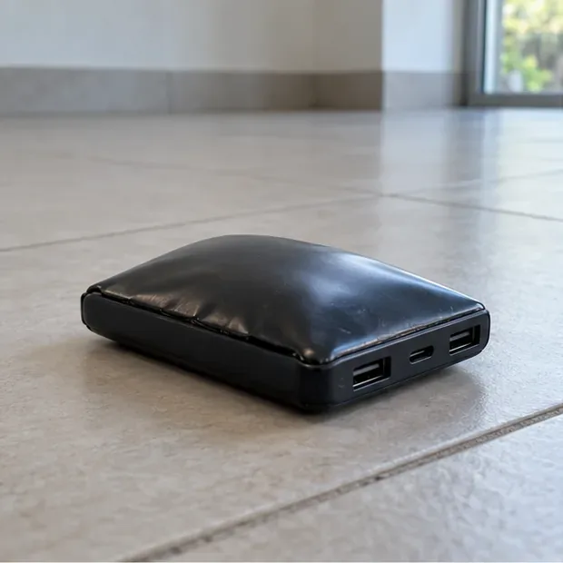 Power bank nera con involucro gonfio e deformato appoggiata su un pavimento piastrellato.