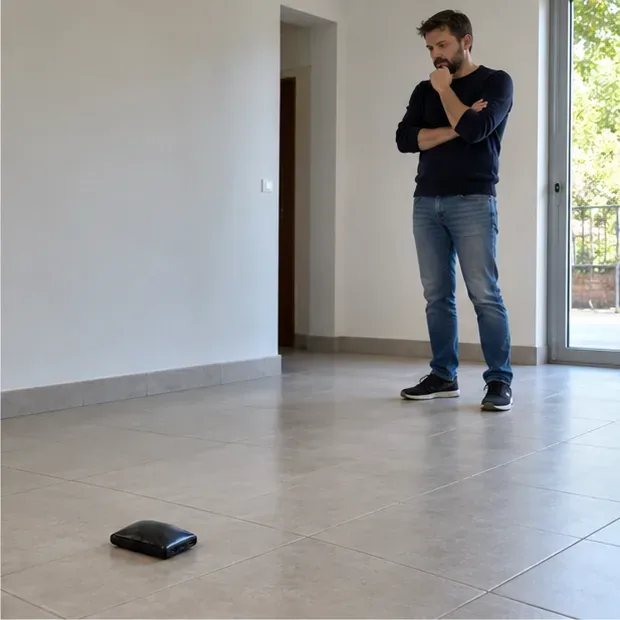 Un uomo osserva da lontano una power bank gonfia che resta sul pavimento senza essere toccata.