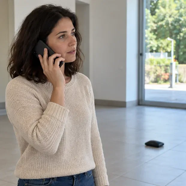 Una donna telefona per chiedere istruzioni mentre una power bank gonfia resta a distanza sul pavimento.