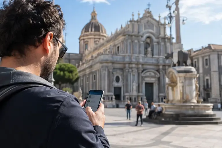 Persona a Catania che consulta uno smartphone per cercare un punto ufficiale di raccolta RAEE