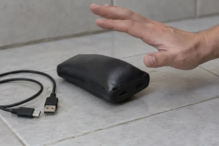 Mano tenuta lontana da una power bank gonfia e scollegata, con il cavo appoggiato separatamente sul pavimento