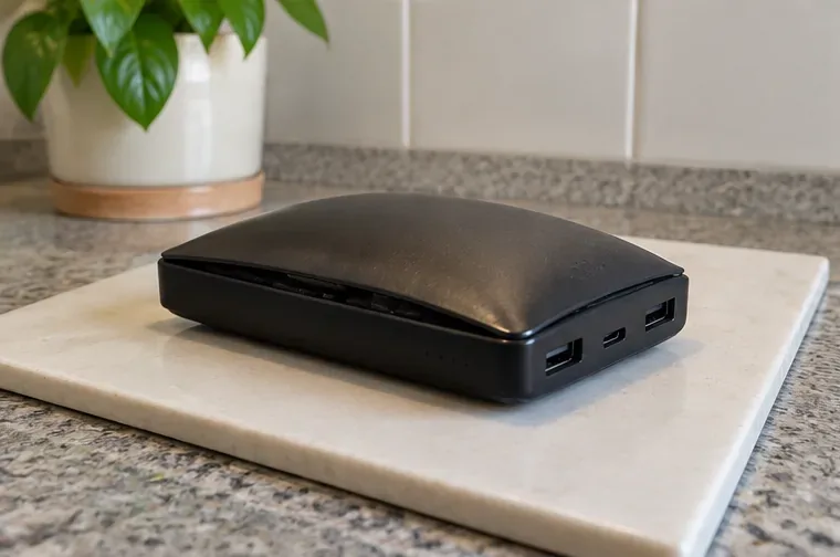 Power bank gonfia appoggiata da sola su una superficie chiara e non combustibile, lontana da altri oggetti
