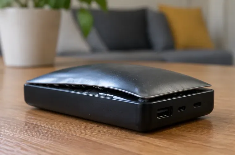Power bank nera con scocca fortemente rigonfia e separata lungo il bordo, appoggiata su un tavolo