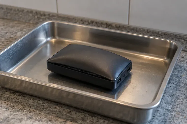 Power bank gonfia appoggiata senza compressione dentro una vaschetta metallica aperta