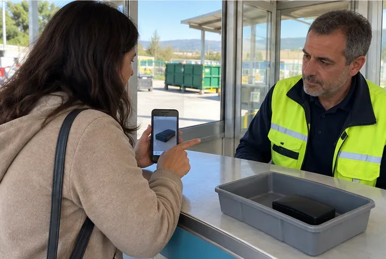 Una residente mostra una foto del dispositivo a un addetto; la power bank è separata in un vassoio sul lato del cittadino.