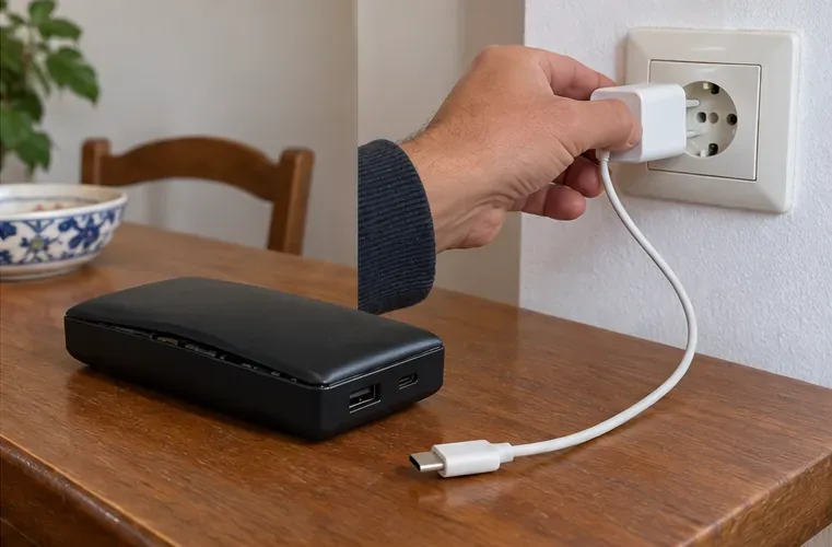 Una mano scollega l’alimentatore dalla presa mentre la power bank resta appoggiata sul tavolo.