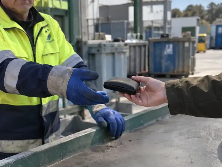 Operatore con guanti protettivi che riceve una power bank gonfia da un visitatore in un centro di raccolta