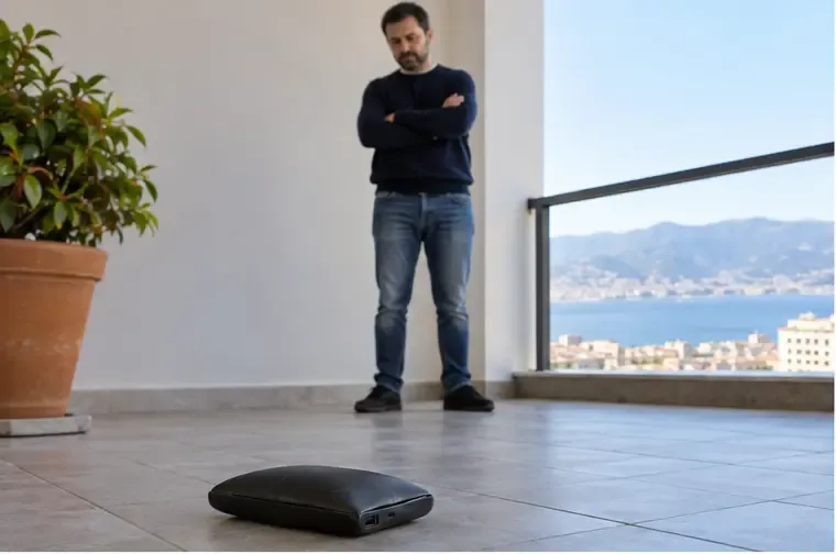 Una power bank gonfia scollegata su una superficie piastrellata, mentre una persona la osserva da lontano