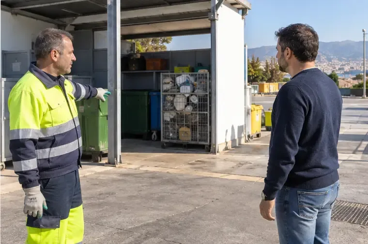 Un operatore di un centro di raccolta indica a un cittadino l’area corretta per la gestione dei rifiuti