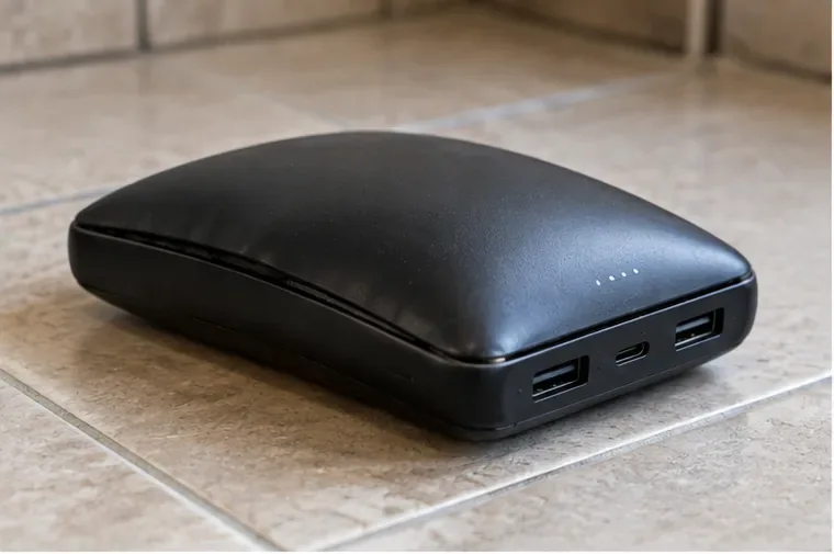Power bank nera visibilmente rigonfia appoggiata su una superficie piastrellata stabile