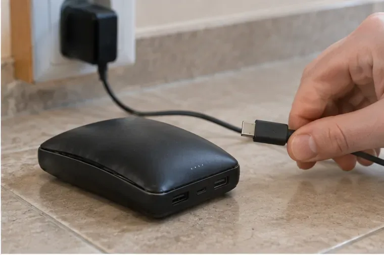Una mano allontana il cavo USB da una power bank rigonfia senza premere la scocca