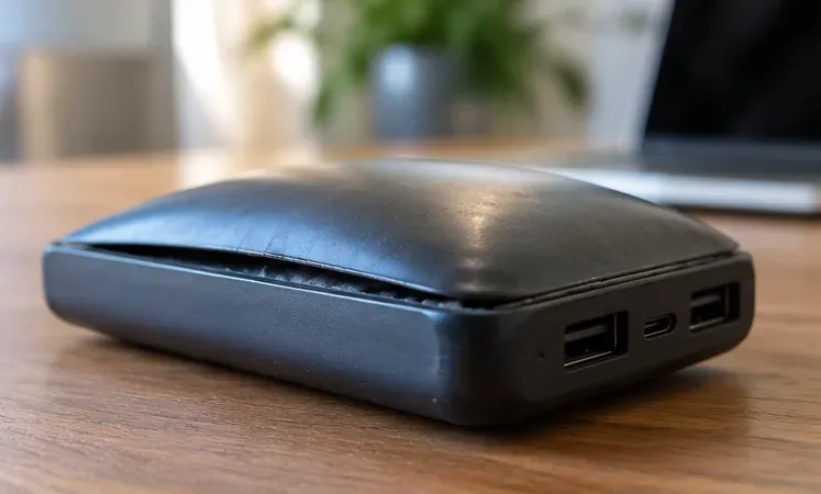 Power bank nera con parte superiore bombata, giunzione aperta e porte USB senza cavi collegati.