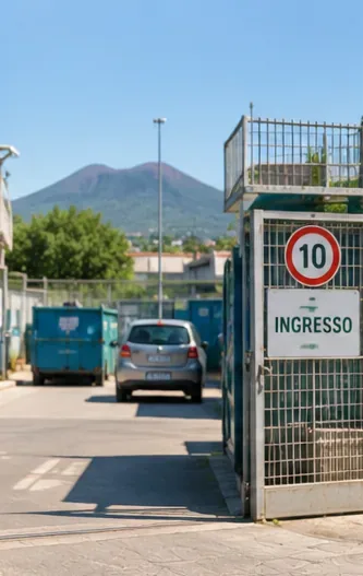 Ingresso recintato di un centro di raccolta con un veicolo e contenitori visibili all’interno.