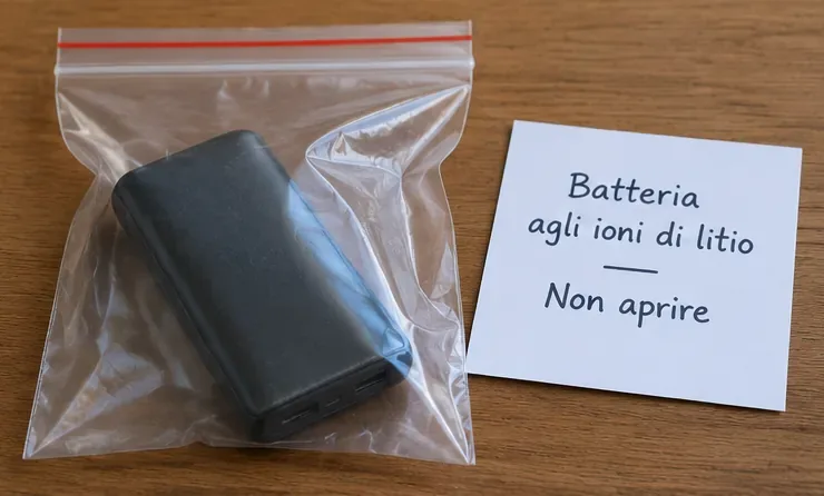 Power bank nera separata in un sacchetto trasparente accanto a un avviso di non apertura della batteria al litio.